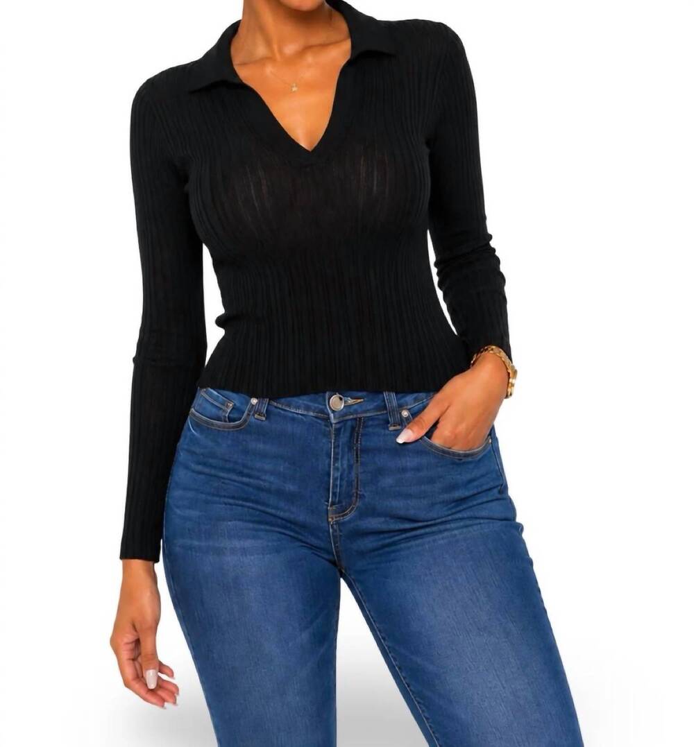NEW BLANC trish thick ribbed mesh long sleeve deep v cut top in black